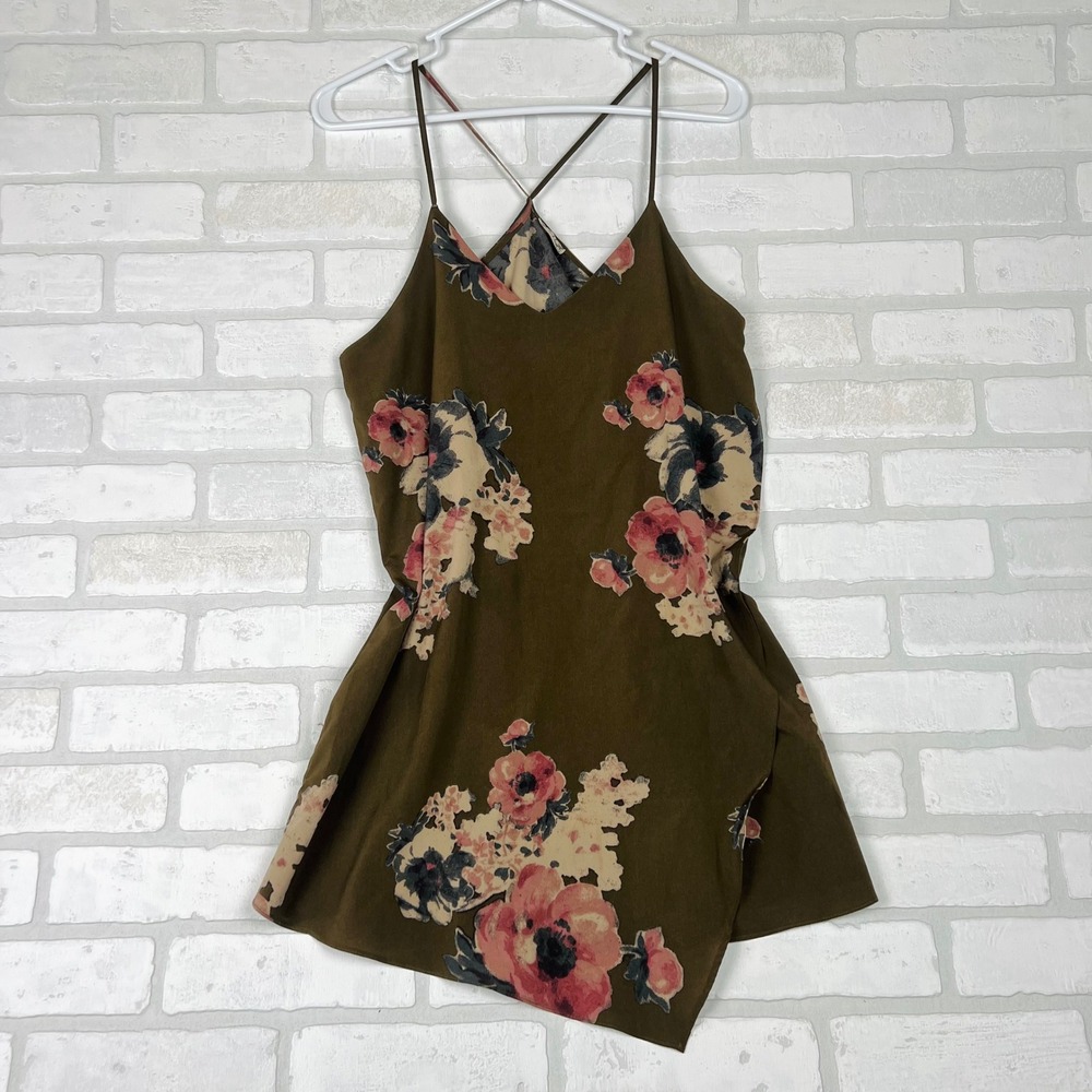 Intimately Free People XS Olive Green Floral Cami Cross Back Spaghetti Strap Top